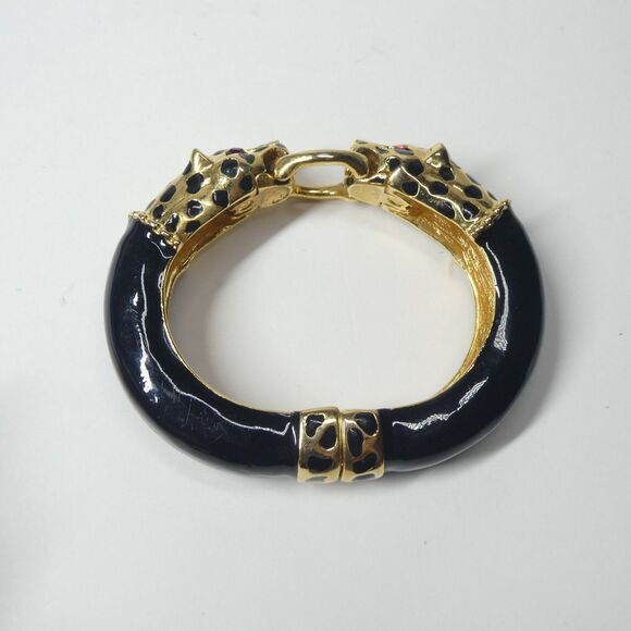 Double Leopard Head Bracelet KJL Kenneth Lane Black Gold Rhinestone Bangle Vtg - Picture 6 of 8